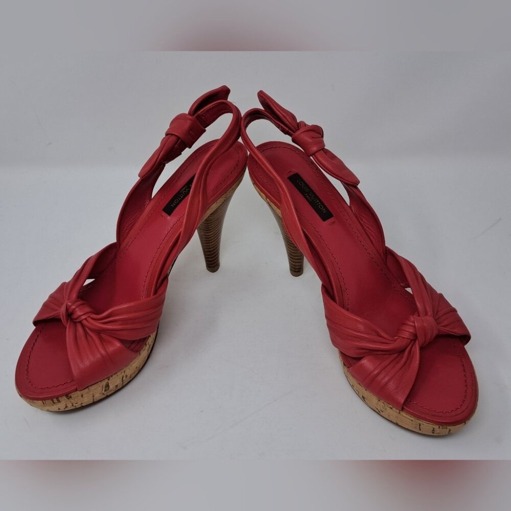 Louis Vuitton Red Leather Platform Slingback Sandals Deerskin Cork 37.5 EU / 7.5 - Picture 3 of 16